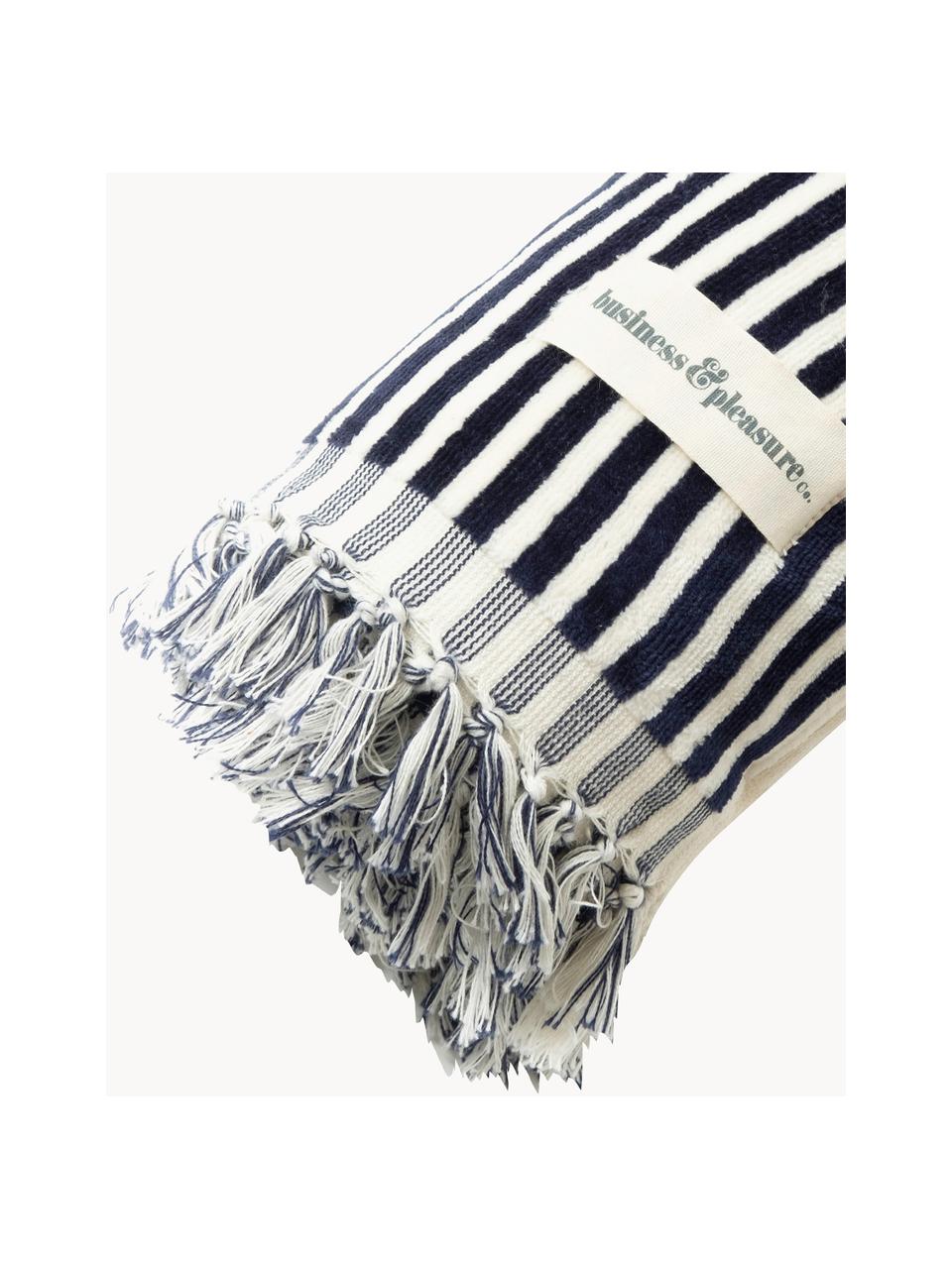 Fouta avec franges Beach, 100% coton, Bleu foncé, larg. 86 x long. 168 cm