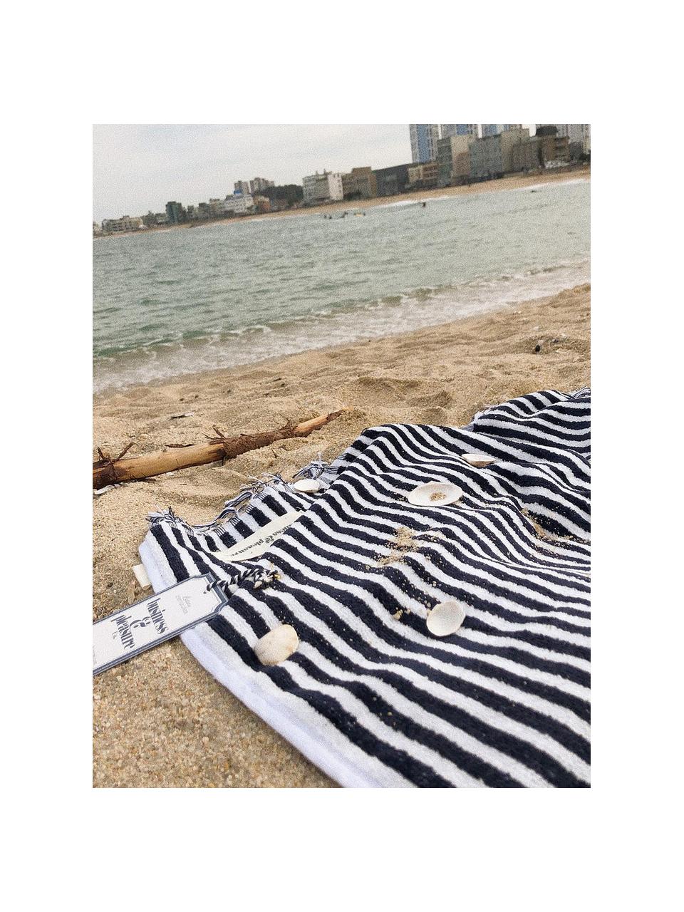 Fouta avec franges Beach, 100% coton, Bleu foncé, larg. 86 x long. 168 cm