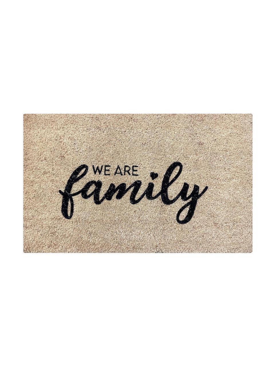 Felpudo We Are Family, Parte superior: fibra de coco, Reverso: vinilo, Beige claro, negro, An 45 x L 75 cm