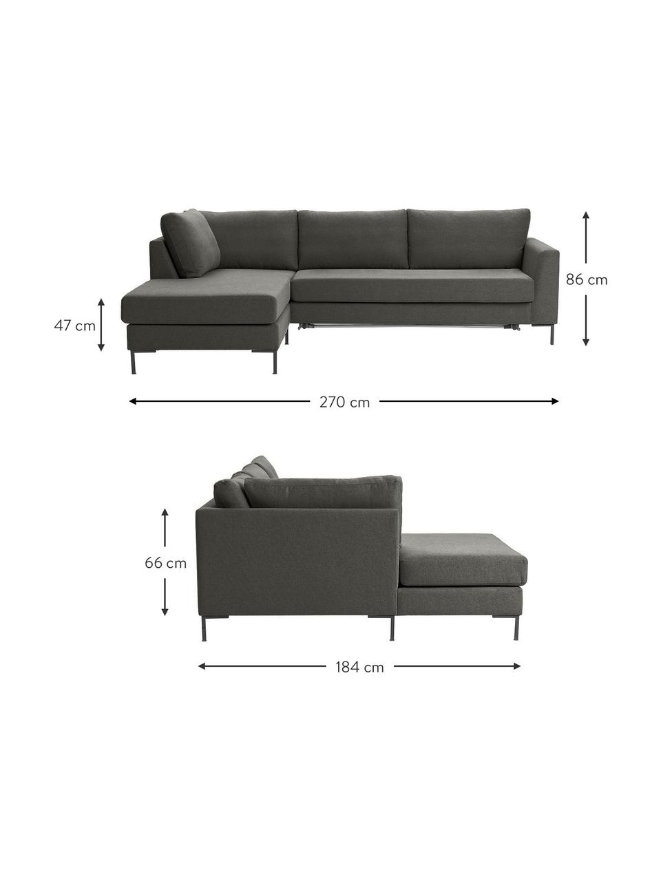 Divano letto angolare Luna, Rivestimento: 100% poliestere, certific, Struttura: legno di faggio massiccio, Piedini: metallo galvanizzato, Tessuto antracite, Larg. 270 x Prof. 184 cm, chaise-longue a sinistra