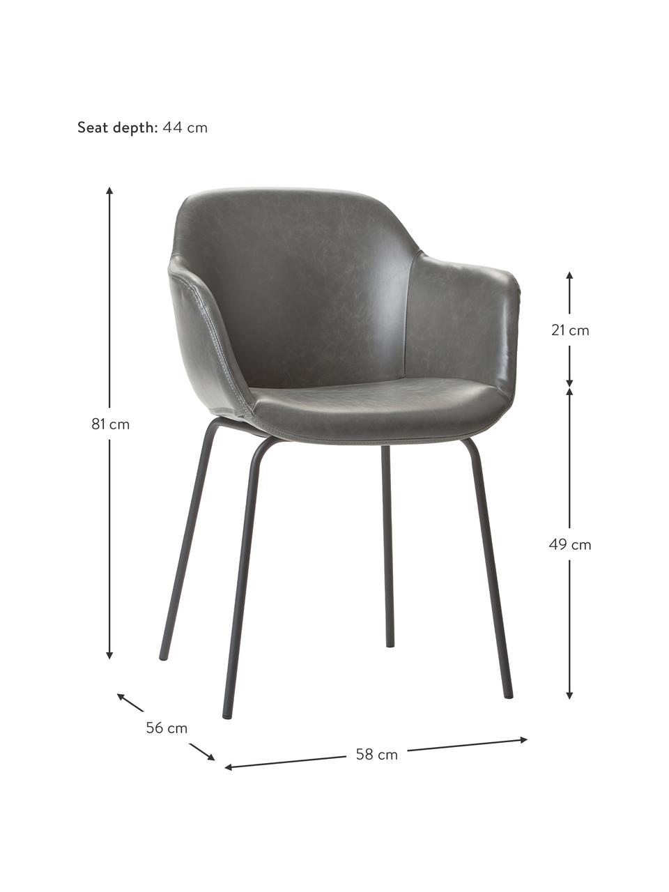 Sedia con braccioli in similpelle con seduta stretta Fiji, Rivestimento: similpelle (poliuretano) , Gambe: metallo verniciato a polv, Similpelle color grigio, Larg. 58 x Alt. 81 cm