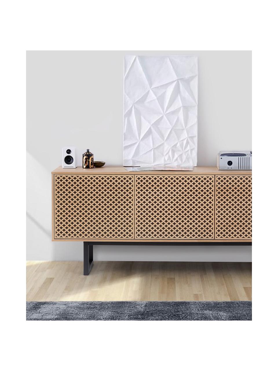 Credenza con ante e finitura in legno di quercia Camden, Piedini: legno di betulla laccato,, Legno, nero, Larg. 175 x Alt. 75 cm