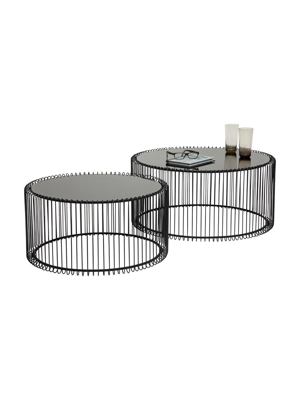Set de mesas de centro Wire, 2 uds., tablero de vidrio, Estructura: acero con pintura en polv, Tablero: vidrio laminado, Negro, Set de diferentes tamaños