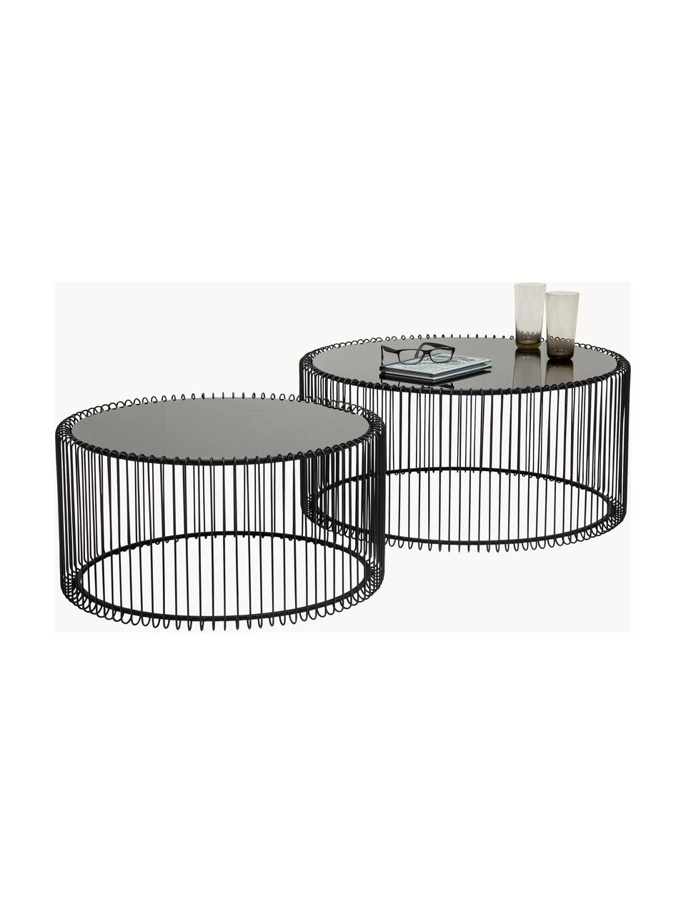 Salontafels Wire met glazen tafelblad, set van 2, Frame: gepoedercoat metaal, Tafelblad: veiligheidsglas, in folie, Zwart, spiegelglas zwart getint, Set met verschillende groottes