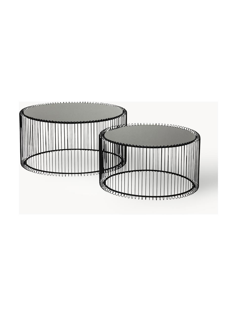 Couchtische Wire mit Glasplatte, 2er-Set, Gestell: Metall, pulverbeschichtet, Tischplatte: Sicherheitsglas, foliert, Schwarz, Spiegelglas schwarz getönt, Set mit verschiedenen Grössen