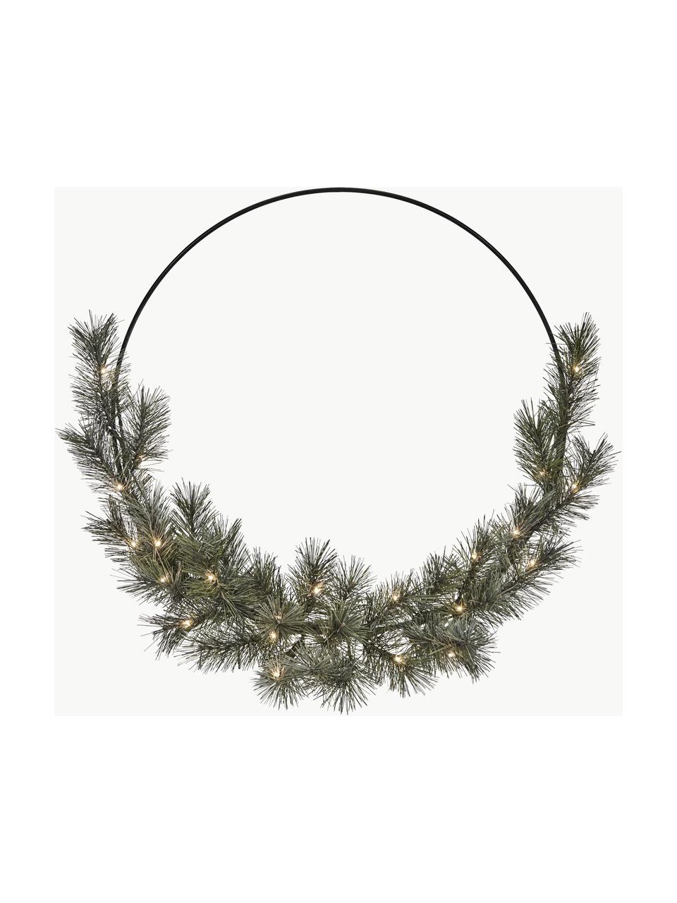 Couronne de Noël LED avec fonction minuterie, à piles Giant, Plastique, métal, enduit, Vert foncé, Ø 24 x haut. 8 cm