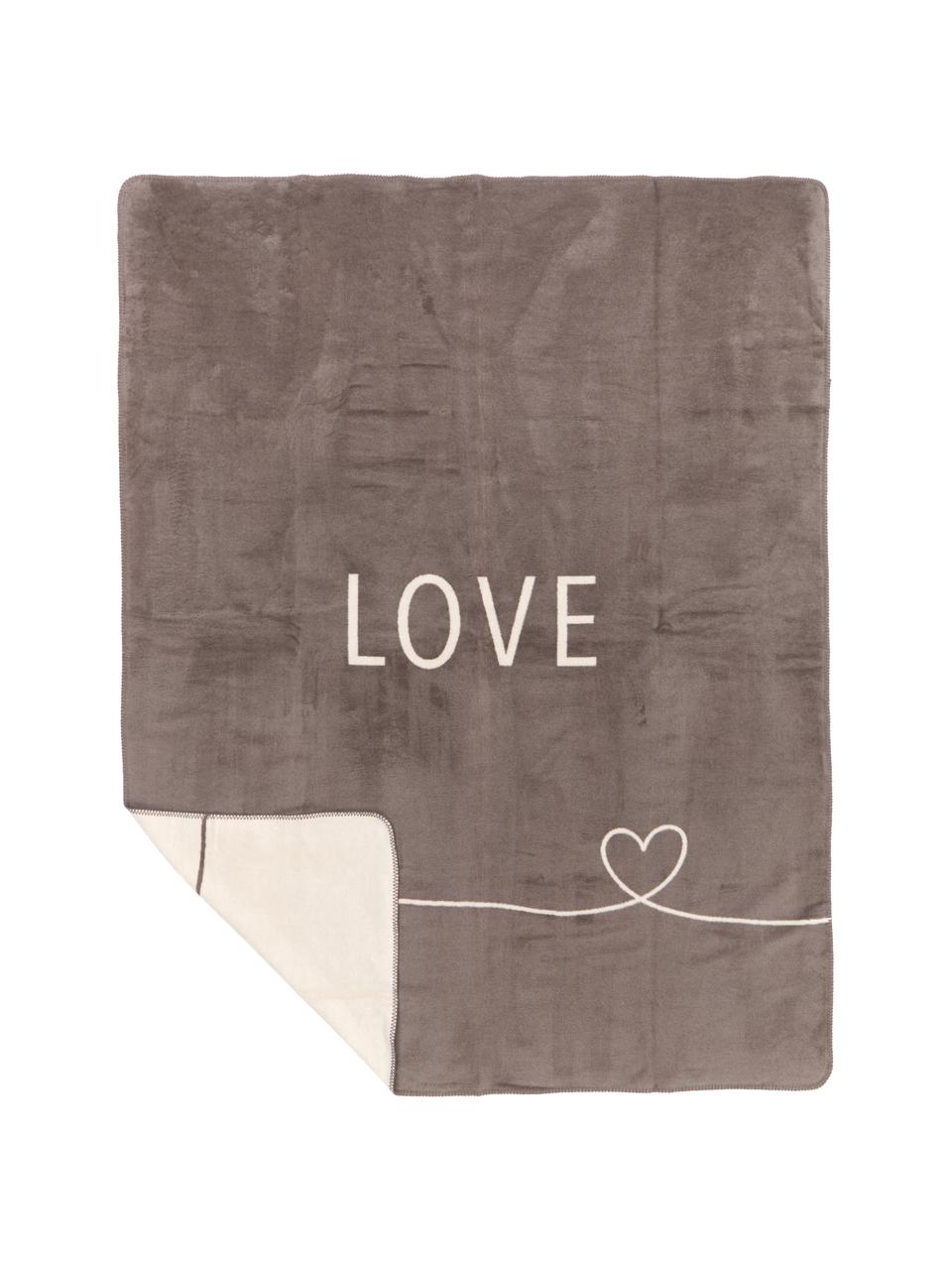 Kuscheldecke Love mit Aufschrift und Motiv, 58% Baumwolle, 32% Polyacryl, 10% Polyester, Taupe, Beige, 150 x 200 cm