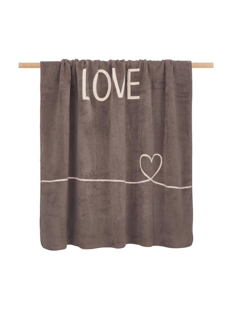 Kuscheldecke Love mit Aufschrift und Motiv, 58% Baumwolle, 32% Polyacryl, 10% Polyester, Taupe, Beige, 150 x 200 cm