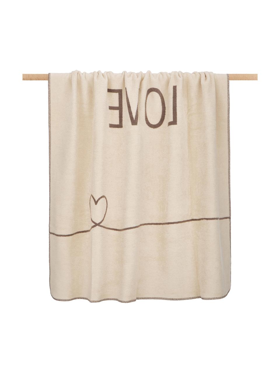 Kuscheldecke Love mit Aufschrift und Motiv, 58% Baumwolle, 32% Polyacryl, 10% Polyester, Taupe, Beige, 150 x 200 cm