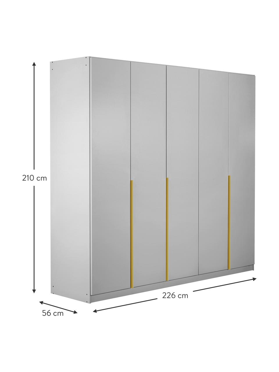 Drehtürenschrank Mia, 5-türig, Holzwerkstoff aus heimischen Hölzern aus nachhaltiger Forstwirtschaft, beschichtet, Grau, Goldfarben, B 226 x H 210 cm