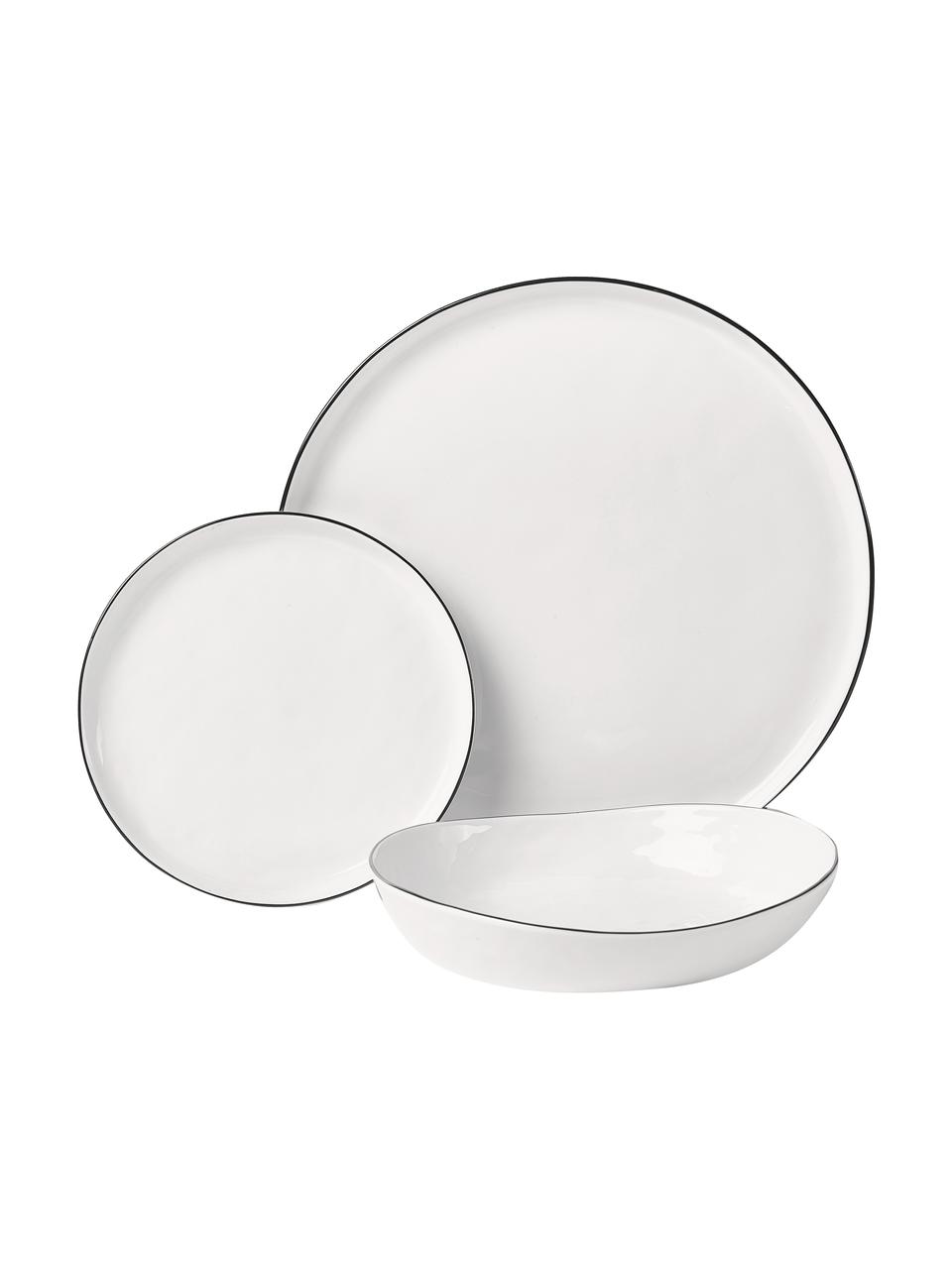Ručne vyrobená súprava riadu z porcelánu Salt, 4 osoby (12 dielov), Porcelán, Lomená biela s čiernym okrajom, Súprava s rôznymi veľkosťami