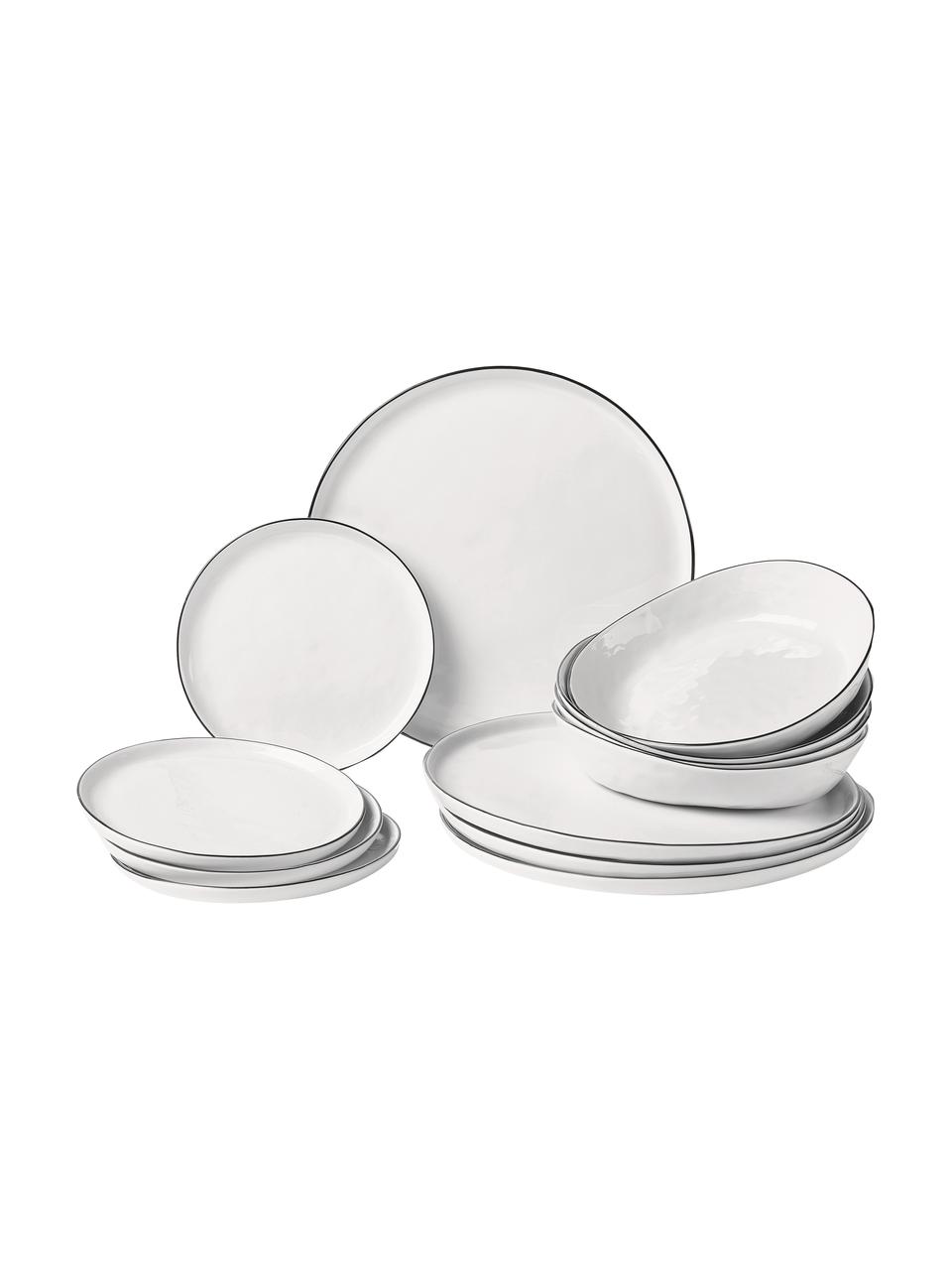 Ručne vyrobená súprava riadu z porcelánu Salt, 4 osoby (12 dielov), Porcelán, Lomená biela s čiernym okrajom, Súprava s rôznymi veľkosťami