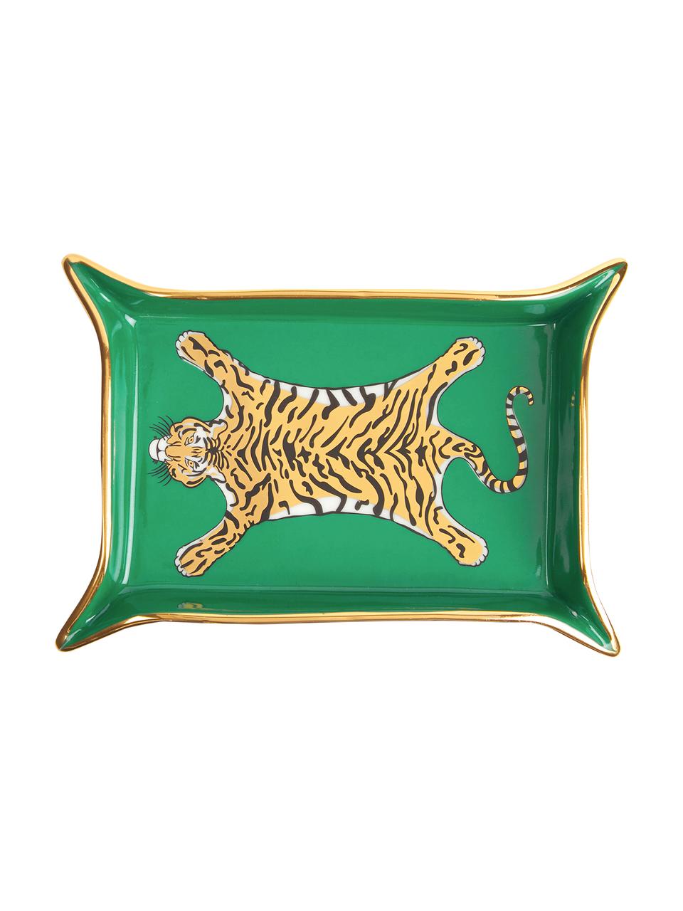 Schaal Tiger, Porselein, vergulde accenten, Binnenkant: groen, goud, beigetinten Buitenkant: wit, B 18 x D 13 cm