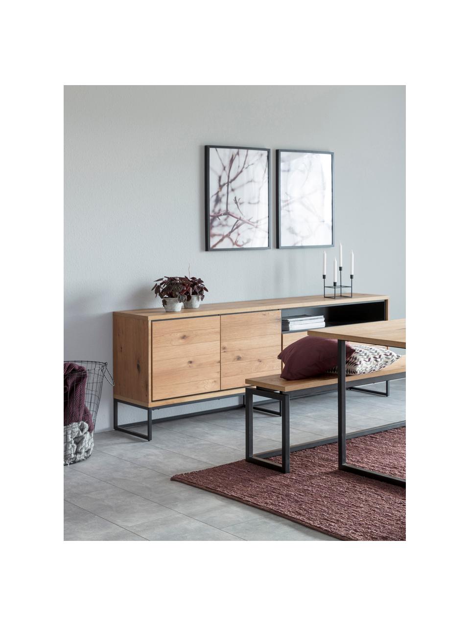 Dressoir Dalarna met deuren en eikenhoutfineer, Frame: MDF met wild geborsteld e, Poten: gepoedercoat metaal, Wild eikenhoutkleurig, zwart, B 197 x H 76 cm