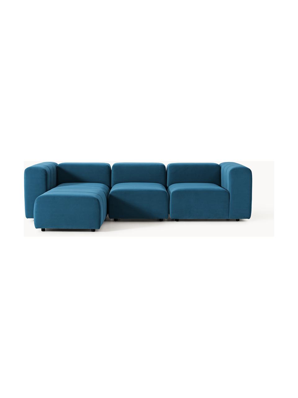 Canapé modulable 4 places en velours avec pouf Lena, Velours bleu pétrole, larg. 287 x prof. 181 cm