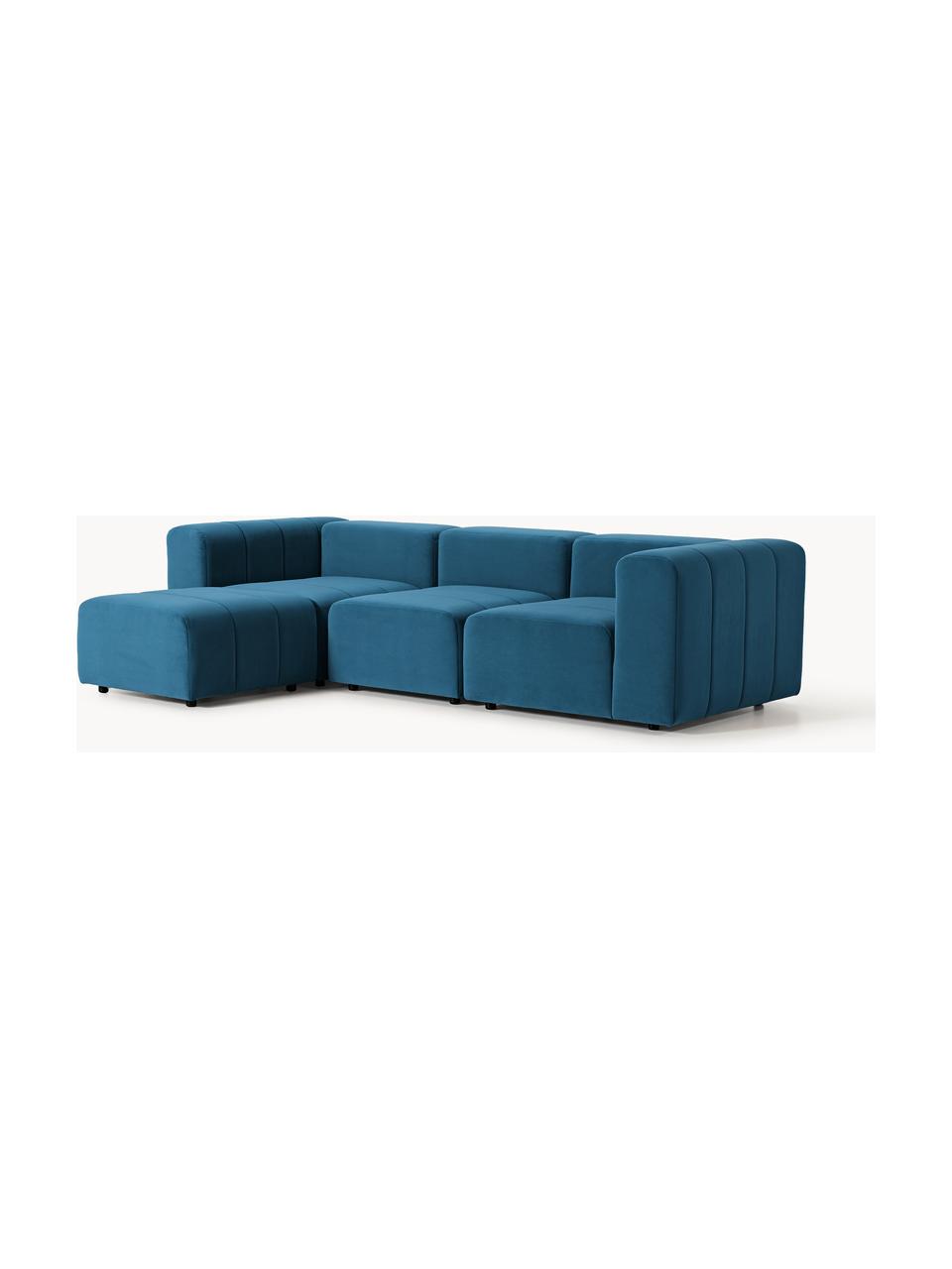 Canapé modulable 4 places en velours avec pouf Lena, Velours bleu pétrole, larg. 287 x prof. 181 cm