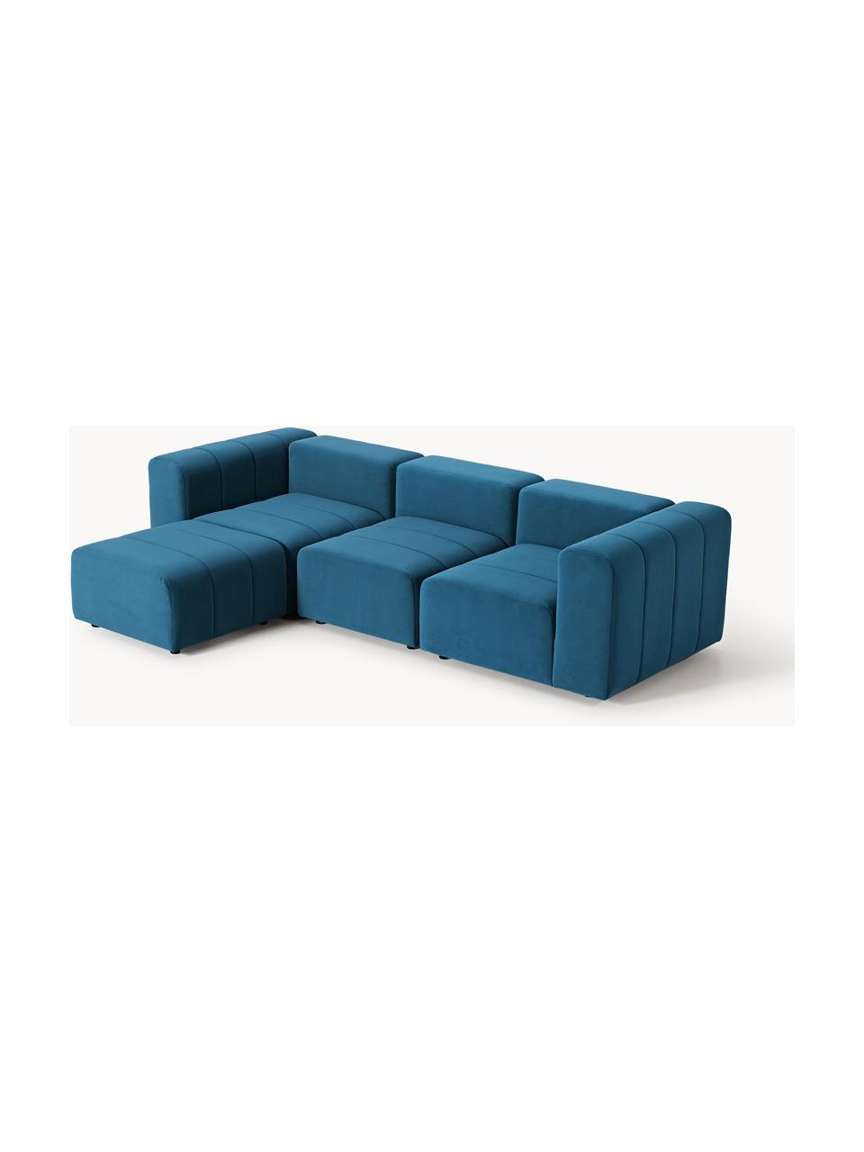 Canapé modulable 4 places en velours avec pouf Lena, Velours bleu pétrole, larg. 287 x prof. 181 cm