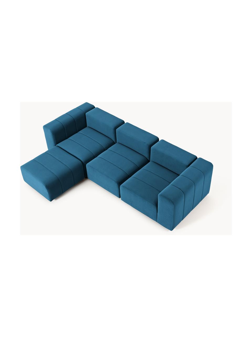 Canapé modulable 4 places en velours avec pouf Lena, Velours bleu pétrole, larg. 287 x prof. 181 cm