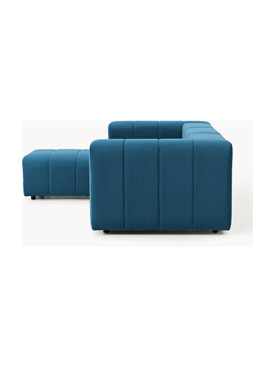 Canapé modulable 4 places en velours avec pouf Lena, Velours bleu pétrole, larg. 287 x prof. 181 cm