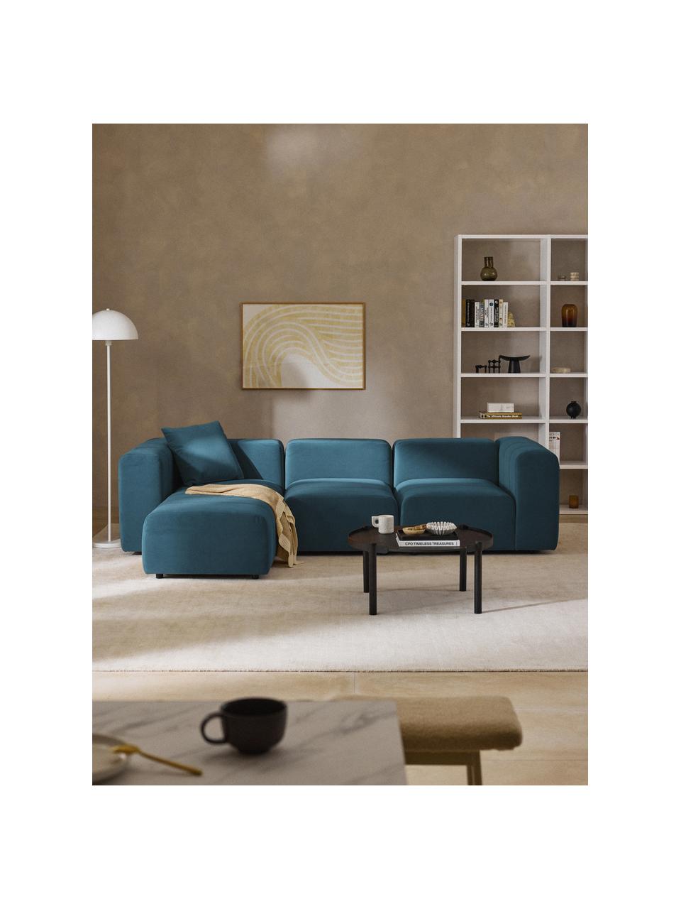 Modulares Samt-Sofa Lena (4-Sitzer) mit Hocker (links/rechts), Bezug: Samt (100 % Polyester) De, Gestell: Buchenholz, Spanplatte, H, Samt Petrol, B 287 x T 181 cm