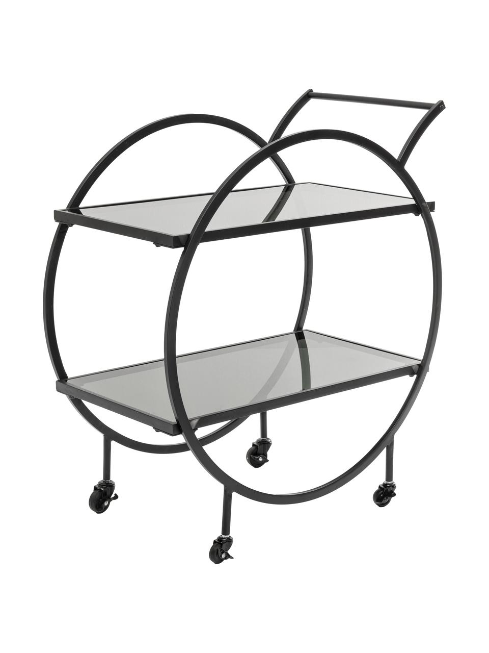 Metalen barcart Loft met glazen tafelbladen, Frame: gepoedercoat metaal, Zwart, B 74 x H 85 cm