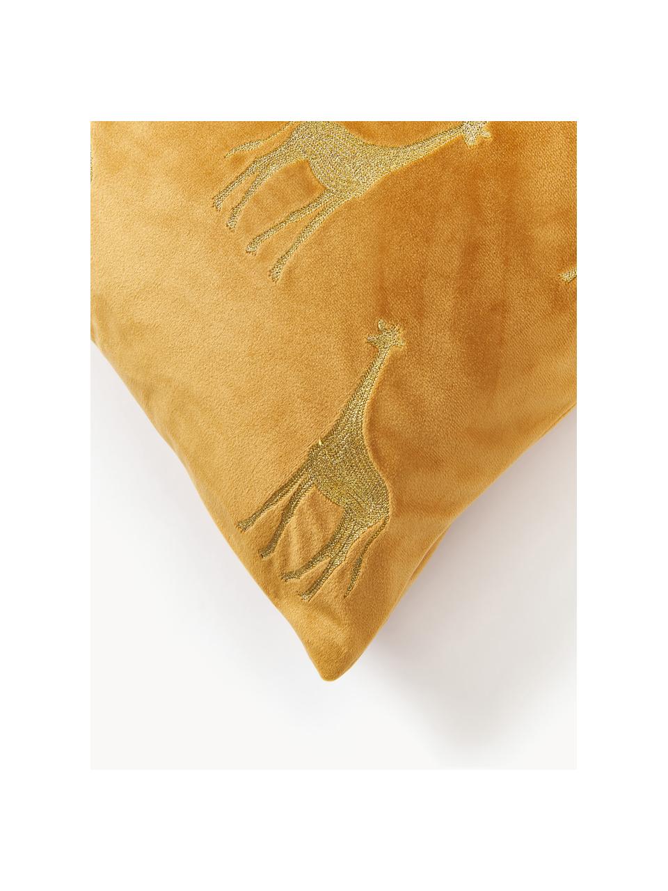 Poszewka na poduszkę z aksamitu z haftem Giro, 100% aksamit poliestrowy, Ochrowy, odcienie złotego, S 45 x D 45 cm