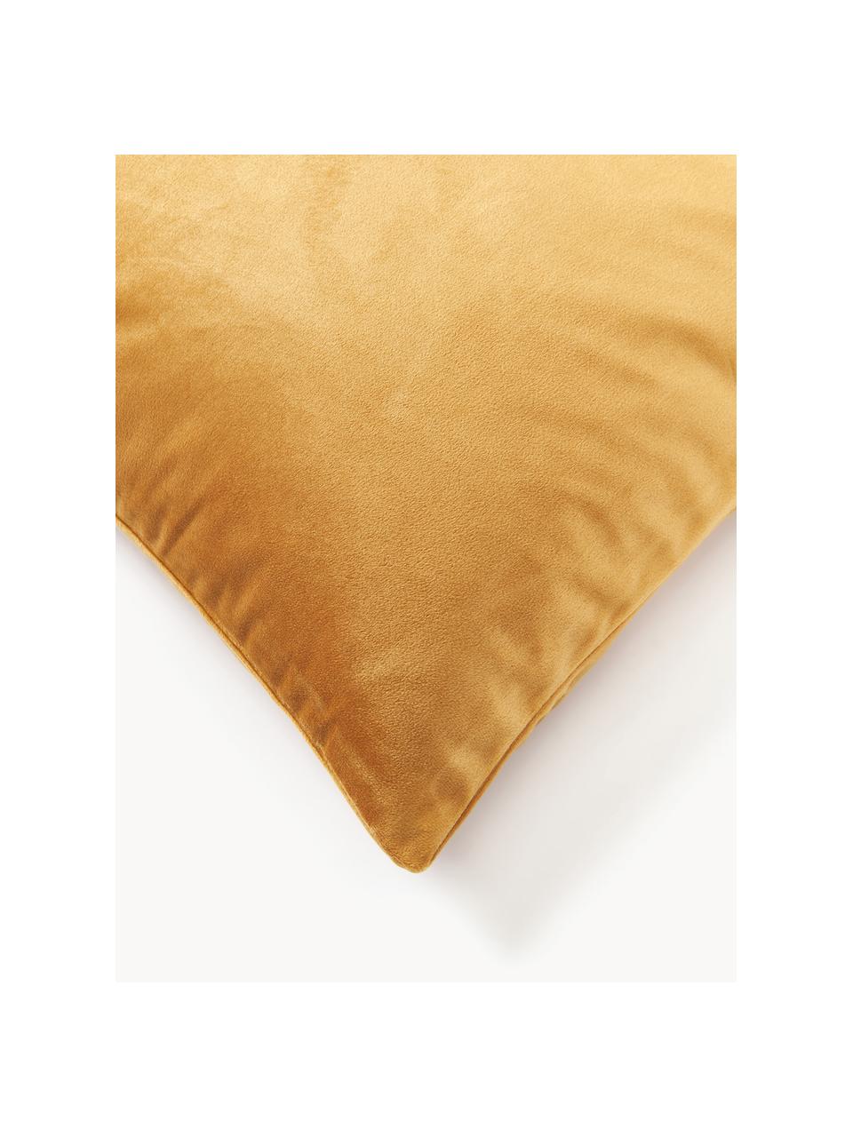 Geborduurde fluwelen kussenhoes Elefco, 100% polyester fluweel, Okergeel, goudkleurig, B 45 x L 45 cm