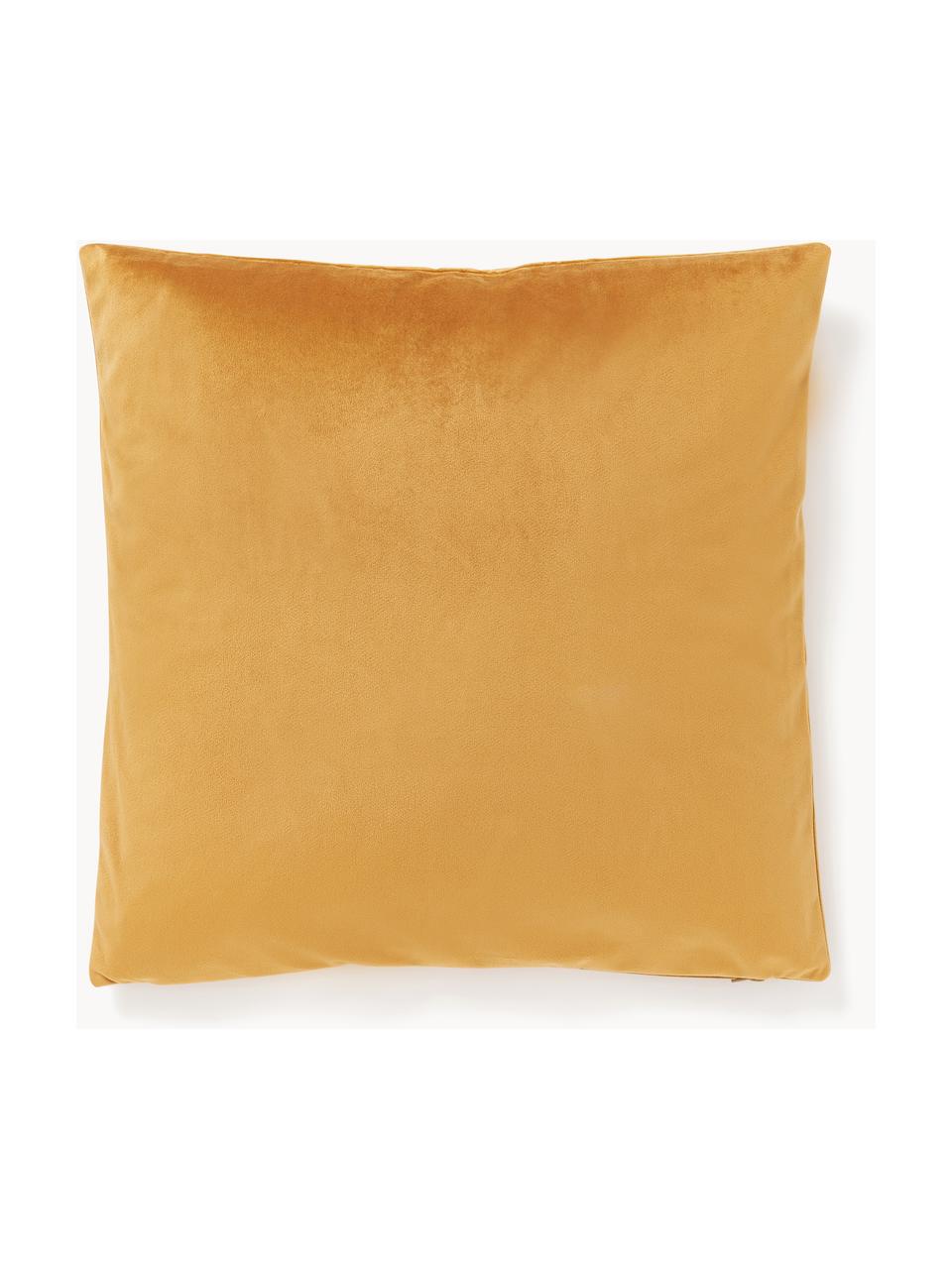 Geborduurde fluwelen kussenhoes Elefco, 100% polyester fluweel, Okergeel, goudkleurig, B 45 x L 45 cm