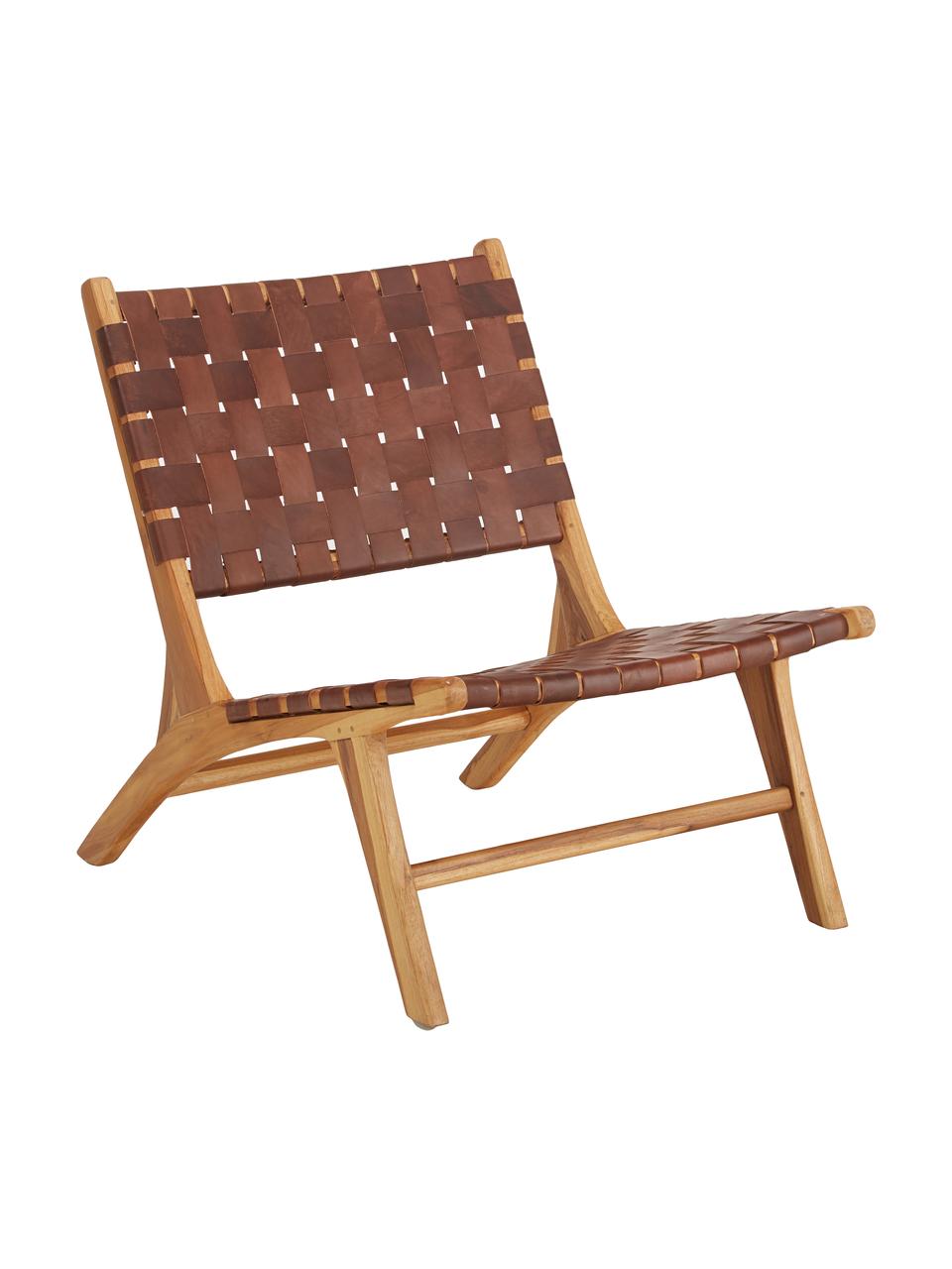 Fotel ze skóry z drewnianą ramą Coffee, Stelaż: drewno tekowe, naturalne, Kolor drewna tekowego, koniakowy, S 63 x G 75 cm