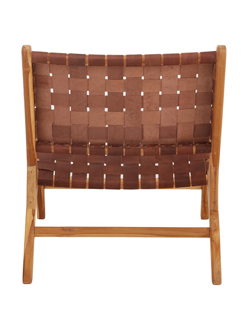 Leren loungefauteuil Coffee met houten frame, Frame: natuurlijk teakhout, Teakhoutkleurig, cognackleurig, B 63 x D 75 cm