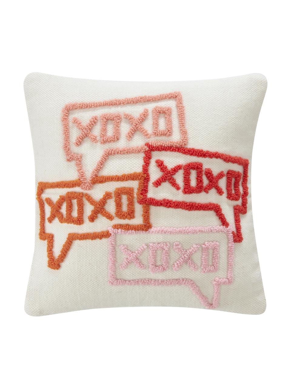 Designový povlak na polštář s vyšívanými detaily Xoxo, Krémově bílá, růžová, červená, oranžová, Š 45 cm, D 45 cm