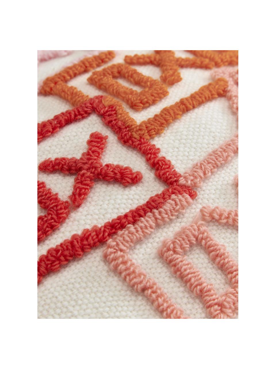 Designový povlak na polštář s vyšívanými detaily Xoxo, Krémově bílá, růžová, červená, oranžová, Š 45 cm, D 45 cm