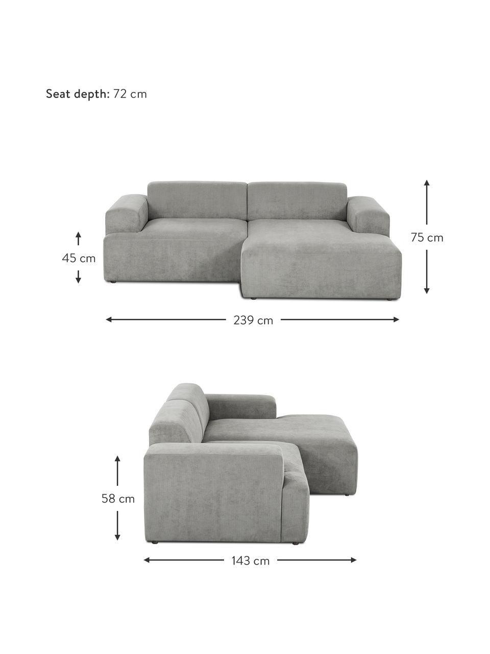 Canapé d'angle 3 places velours côtelé gris Melva, Velours côtelé gris, larg. 239 x prof. 143 cm, méridienne à droite