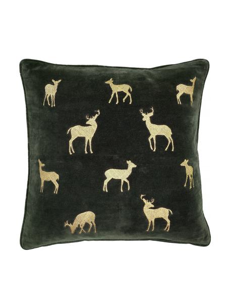 Geborduurde fluwelen kussenhoes Deerhunter in donkergroen, 100% katoenfluweel, Zwart, goudkleurig, hertenpatroon, B 50 x L 50 cm