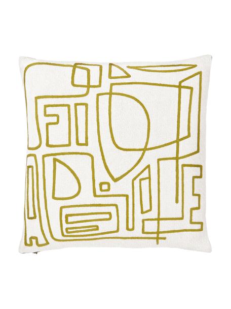 Copricuscino in cotone ricamato con decori astratti Maree, 100% cotone, Beige, verde, Larg. 45 x Lung. 45 cm