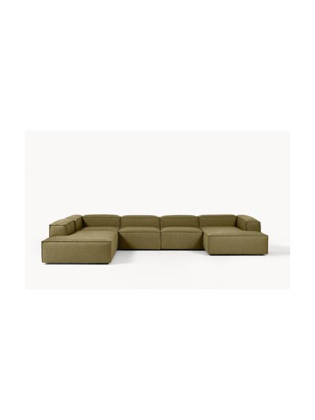 Canapé lounge modulable Lennon, Tissu vert olive, larg. 418 x prof. 269 cm, méridienne à gauche