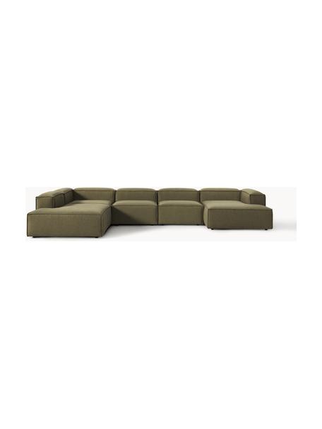 Canapé lounge modulable Lennon, Tissu vert olive, larg. 418 x prof. 269 cm, méridienne à gauche