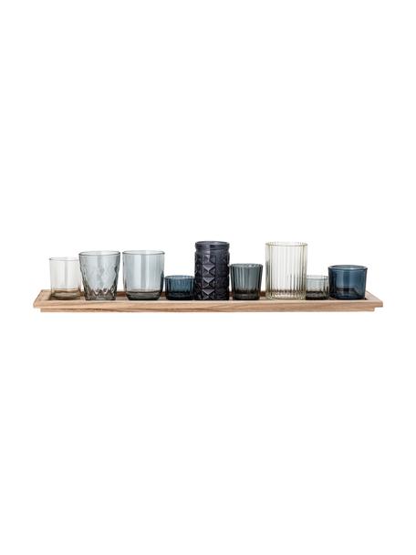 Set portacandele in vetro Elvie 10 pz, Vassoio: legno di paulownia, Tonalità blu, legno di paulownia, Larg. 56 x Alt. 11 cm