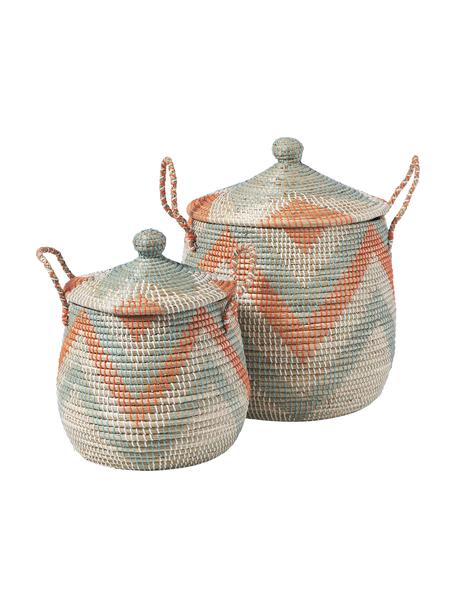 Set 2 cesti con coperchio Mija, Alghe, Beige, bianco, arancione, turchese, Ø 45 x Alt. 52 cm