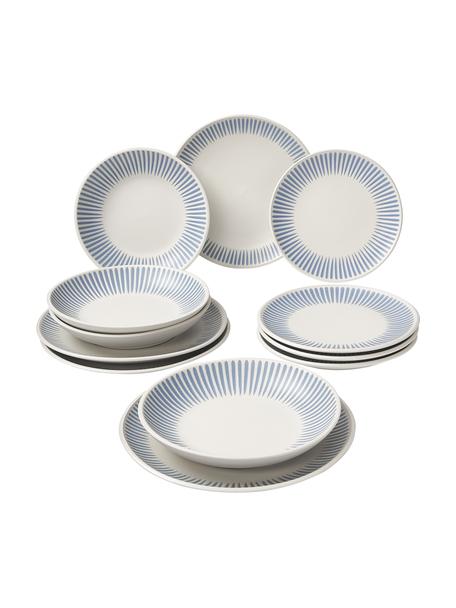 Set stoviglie a righe Zabelle, 4 persone (12 pz), Gres, Bianco crema, blu, 4 persone (12 pz)