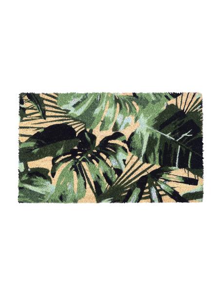 Felpudo Green Leaves, Parte superior: fibra de coco, Reverso: vinilo, Verde, beige, An 45 x L 75 cm