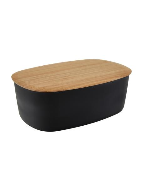 Design broodtrommel Box-It in zwart met snijplank als deksel, Deksel: bamboe, Pot: zwart. Deksel: bruin, B 35 x H 12 cm