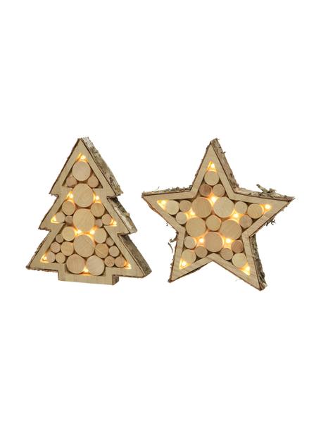 Piezas luminosas LED Woodo, 2 uds., funciona a pilas, Madera, Marrón, beige, Set de diferentes tamaños