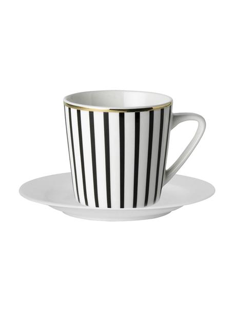 Tazas de café con platitos Pluto Loft, 4 uds., Porcelana, Negro, blanco, dorado, Ø 8 x Al 8 cm