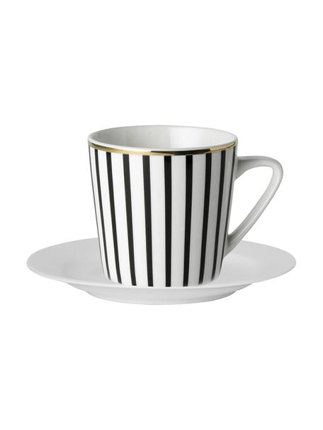 Set tazze da caffè a righe con piattini Pluto Loft 4 pz, Porcellana, Nero, bianco con bordo oro, Ø 8 x Alt. 8 cm, 120 ml