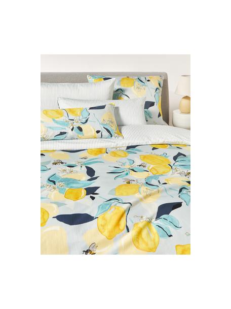 Obojstranná posteľná bielizeň z bavlneného saténu s citrónmi Garda, Biela, žltá, modrá, 200 x 200 cm + 2 vankúše 80 x 80 cm