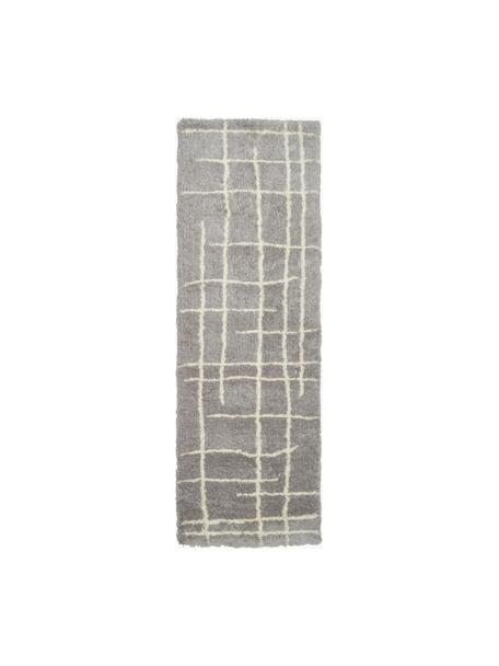 Alfombra corredor artesanal de pelo largo Amelie, Parte superior: 100% poliéster, Parte trasera: poliéster reciclado, Gris, blanco crema, An 80 x L 250 cm