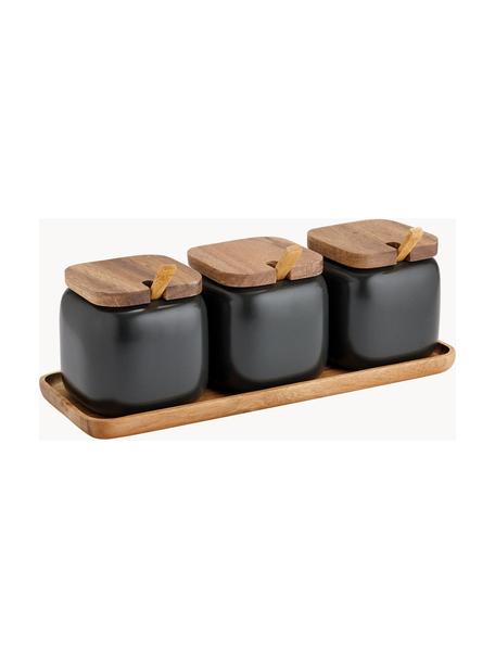 Komplet pojemników do przechowywania z tacą Essentials, 4 elem., Czarny, ciemne drewno naturalne, S 28 x W 10 cm