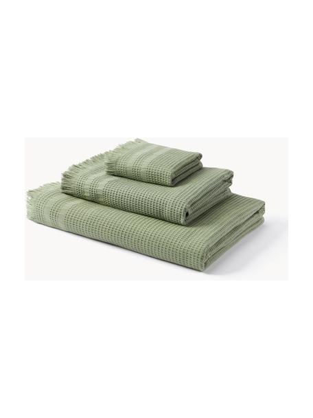 Lot de serviettes de bain en piqué gaufré Yara, tailles variées, Vert olive, 3 éléments (1 serviette invité, 1 serviette de toilette et 1 drap de bain)