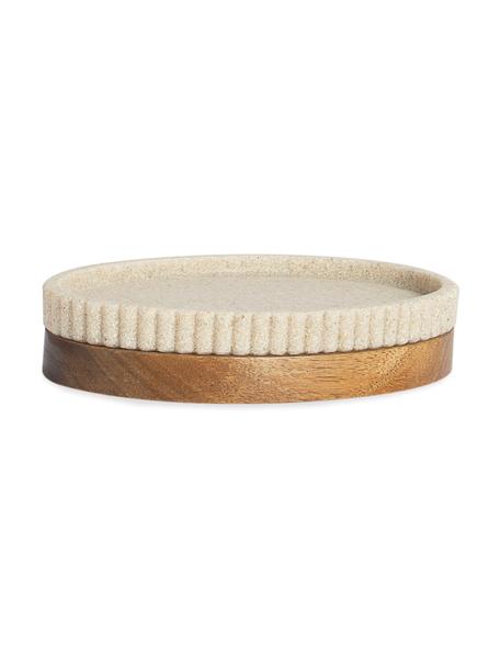 Ovaal zeepbakje Laura met houten decoratie, Kunststof, acaciahout, Beige, B 14 x H 3 cm